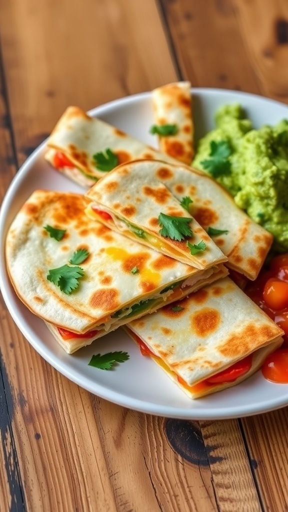 Folded quesadillas on a plate with salsa and guacamole, cut into wedges.